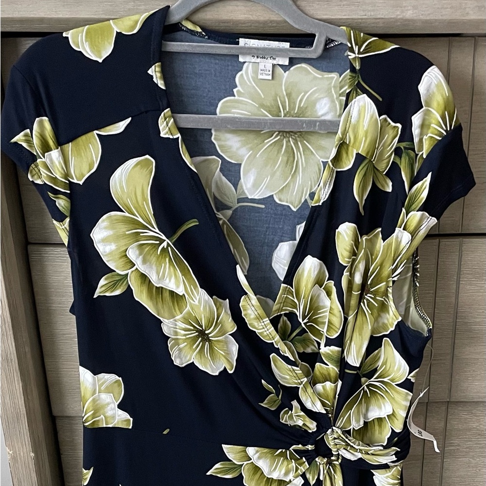 Signature by Robbie Lee Navy Wrap Dress with Olive & White Floral Print